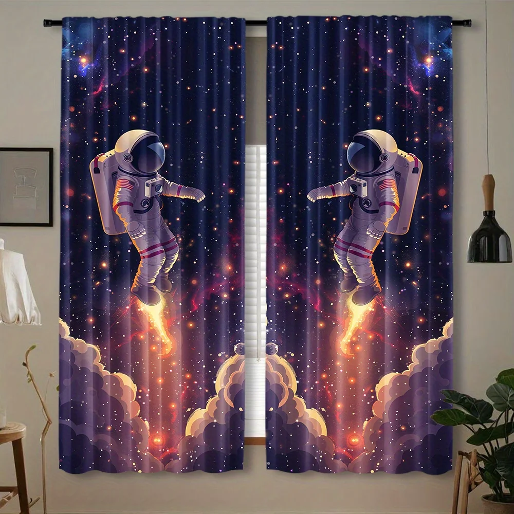 Cartoon Spaceman Curtain 2 Panels Twinkle Star Nebula Flame Cloud Cosmic Inn Room Curtain Fantasy Boys Bedroom Home Decor