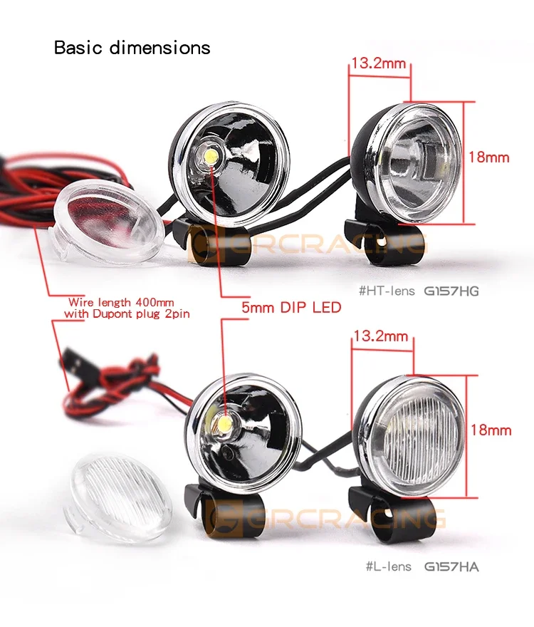 2pcs Led Spotlight Headlamp Dome Light 18/20mm  for 1/10 1/8 RC Crawler Car Traxxas TRX4 G500 TRX6 G63 AXIAL SCX10 RC4WD D90 TF2