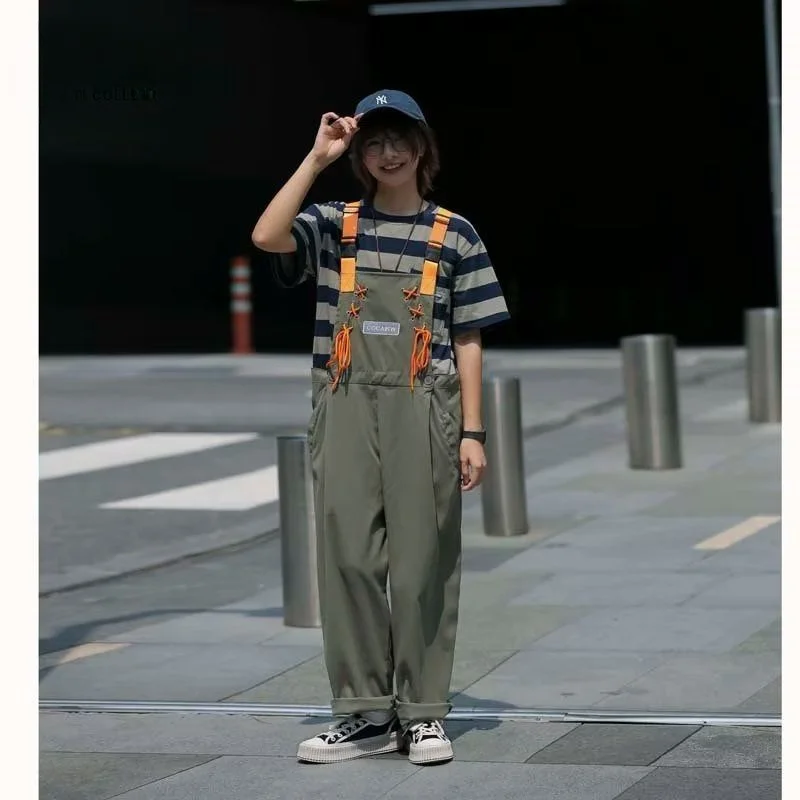 

Men's Retro Army Green Overalls Spring and Autumn High Street Cargo Pants Loose Wide-Leg Jumpsuits Strap Trousers