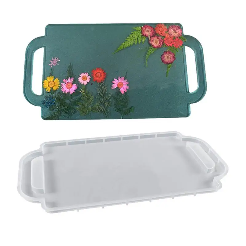 Moldes de silicona para resina, molde de resina rectangular grande con asas, bandeja rodante con patrón de flores, moldes de resina para aperitivos