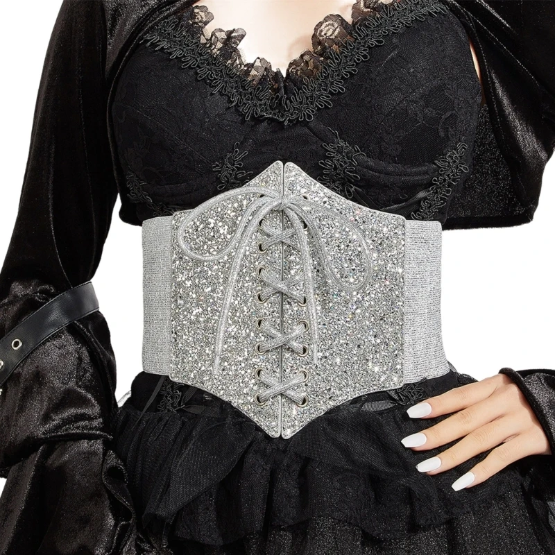 Lace Up Waistbelt Corset Vintage Silver Glitter Corset Shapewear Waspie Belt 066C