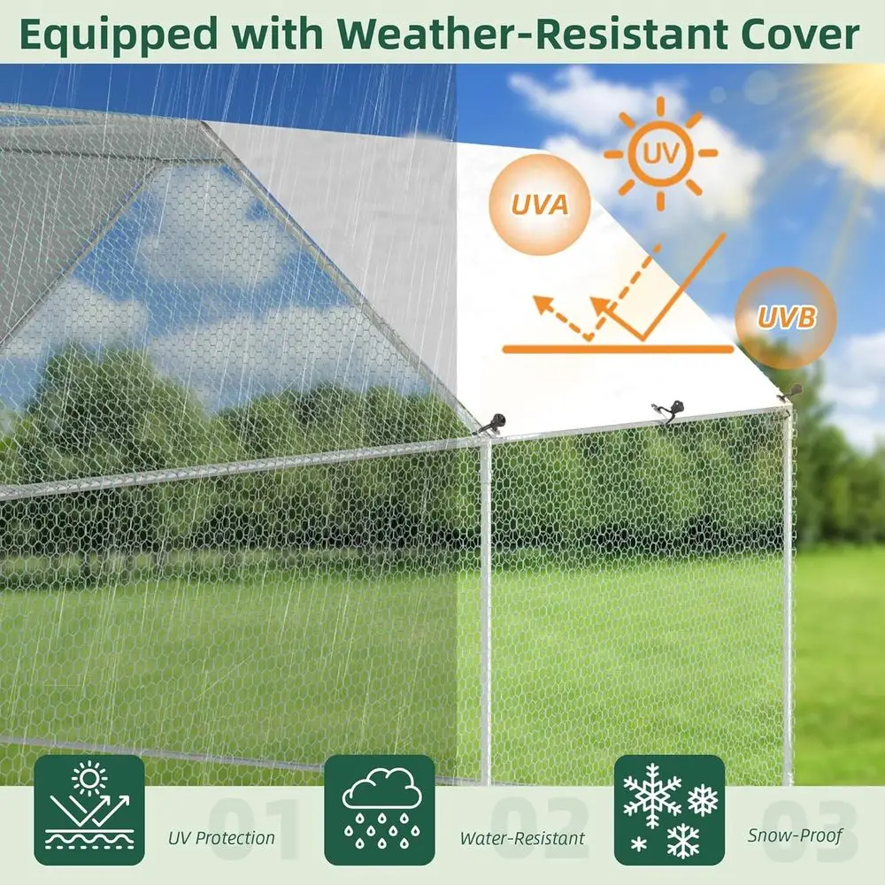 広々とした13x10x6.4フィートの屋外鶏小屋（カバー付き）、8～12羽の鶏用ウォークインペン、フラットルーフデザイン