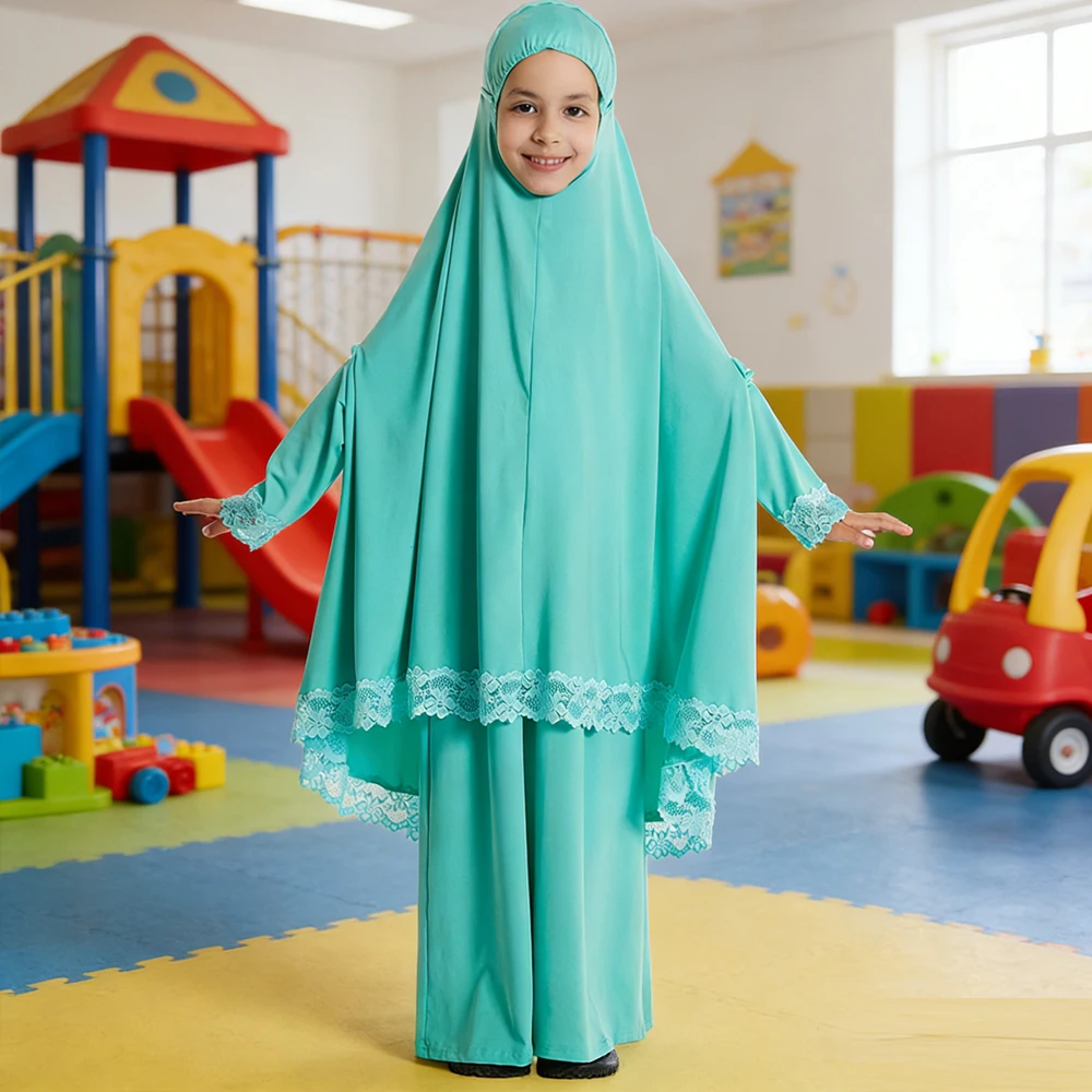 

2 шт. мусульманское детское платье-химар с кружевом для девочек, юбка, наряд для Рамадана и Ид, бурка, никаб, молитвенная абайя, джеллаба, джаллия, исламская одежда