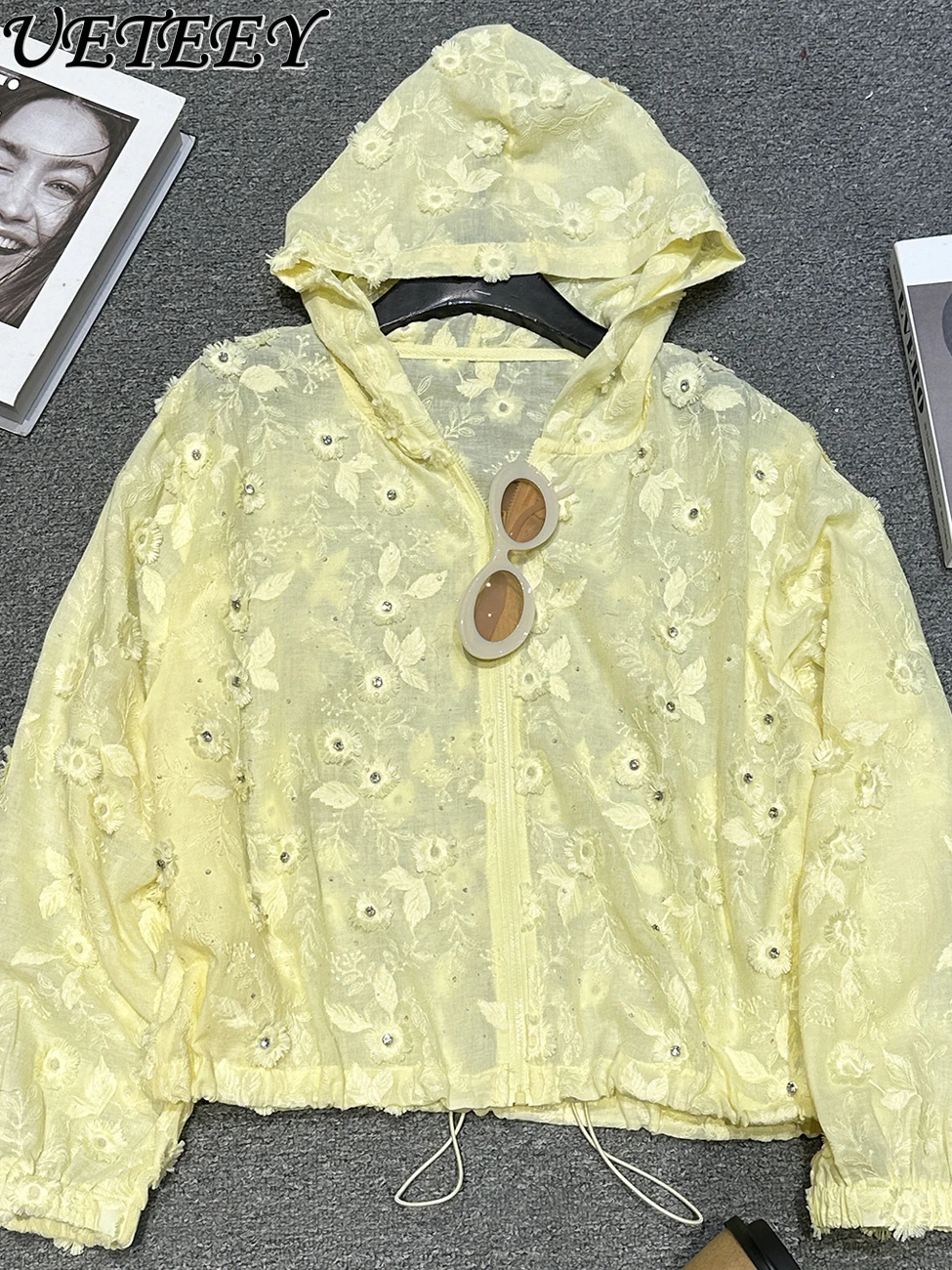 2025 Summer Heavy Industry New Embroidery Flower Hooded Long-sleeved Shirt Women's Loose Casual Solid Color Versatile Tops