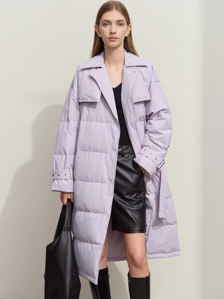 AMII أسفل سترة 2025 شتاء جديد بلون فضفاض مستقيم دافئ مع حزام بلون طويل خندق معطف أسفل سترة 12444053