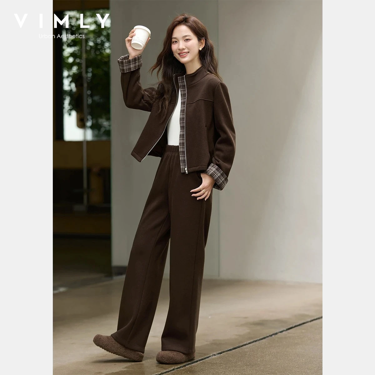 

VIMLY Women's Brown Two Piece Set Winter 2025 Spliced Plaid Stand Neck Zip Up Tops Wide Leg Pants Casual Lady Trouser Sets A3097