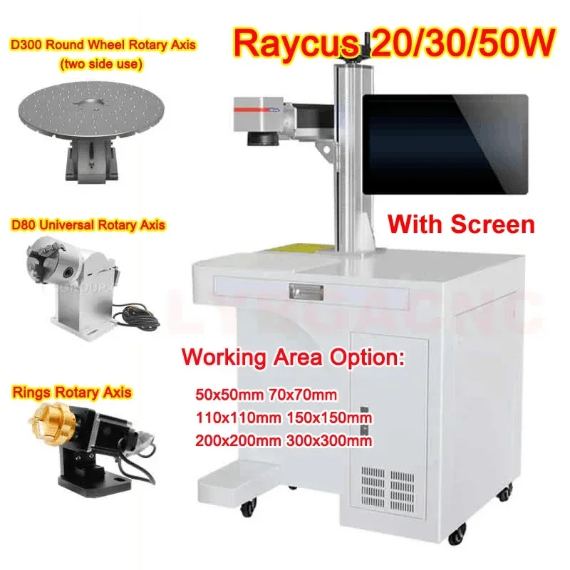 50W Raycus 30W 20W Fiber Laser Marking Engraving Machine Cabinet Stand Metal Engraver with Rotary Axis for Jewelry Steel Cutter