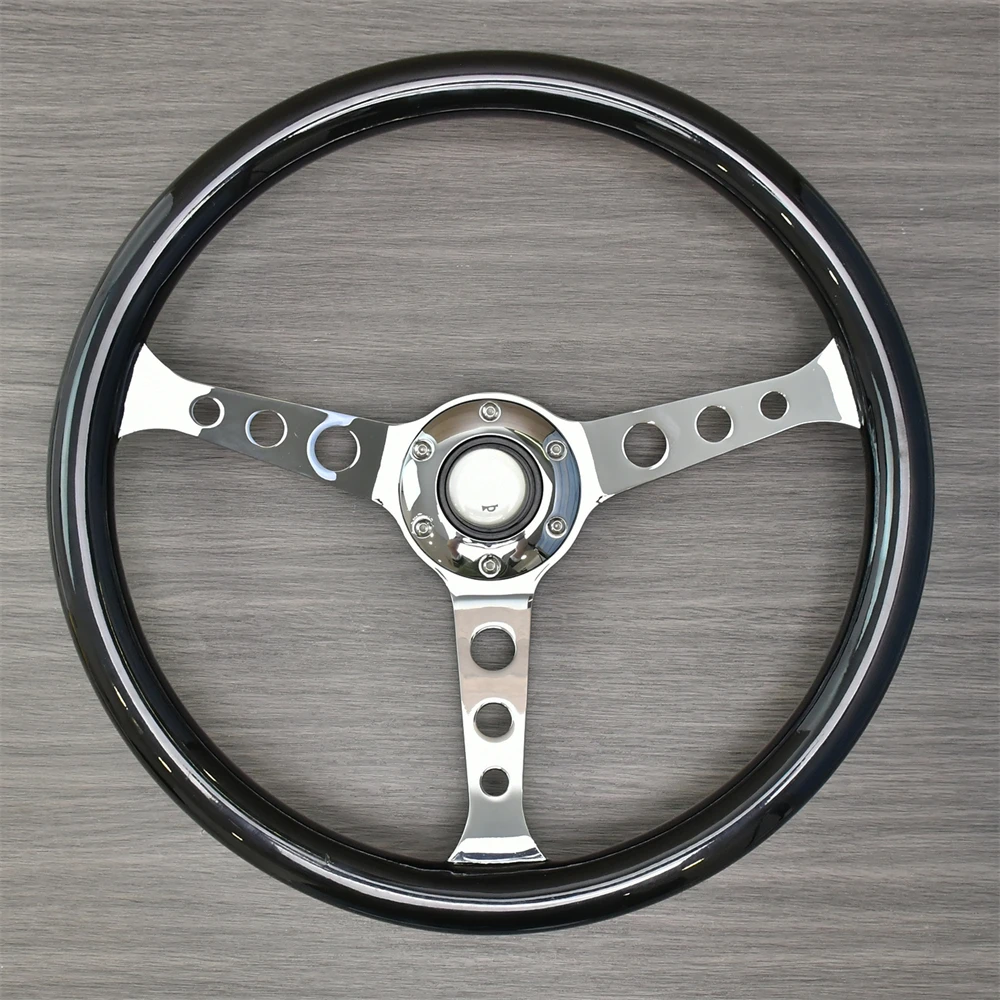 Universal 380mm Black Solid Wood Retro Steering Wheel 6 Hole Sports Drifting Steering Wheel With Electroplating Bracket