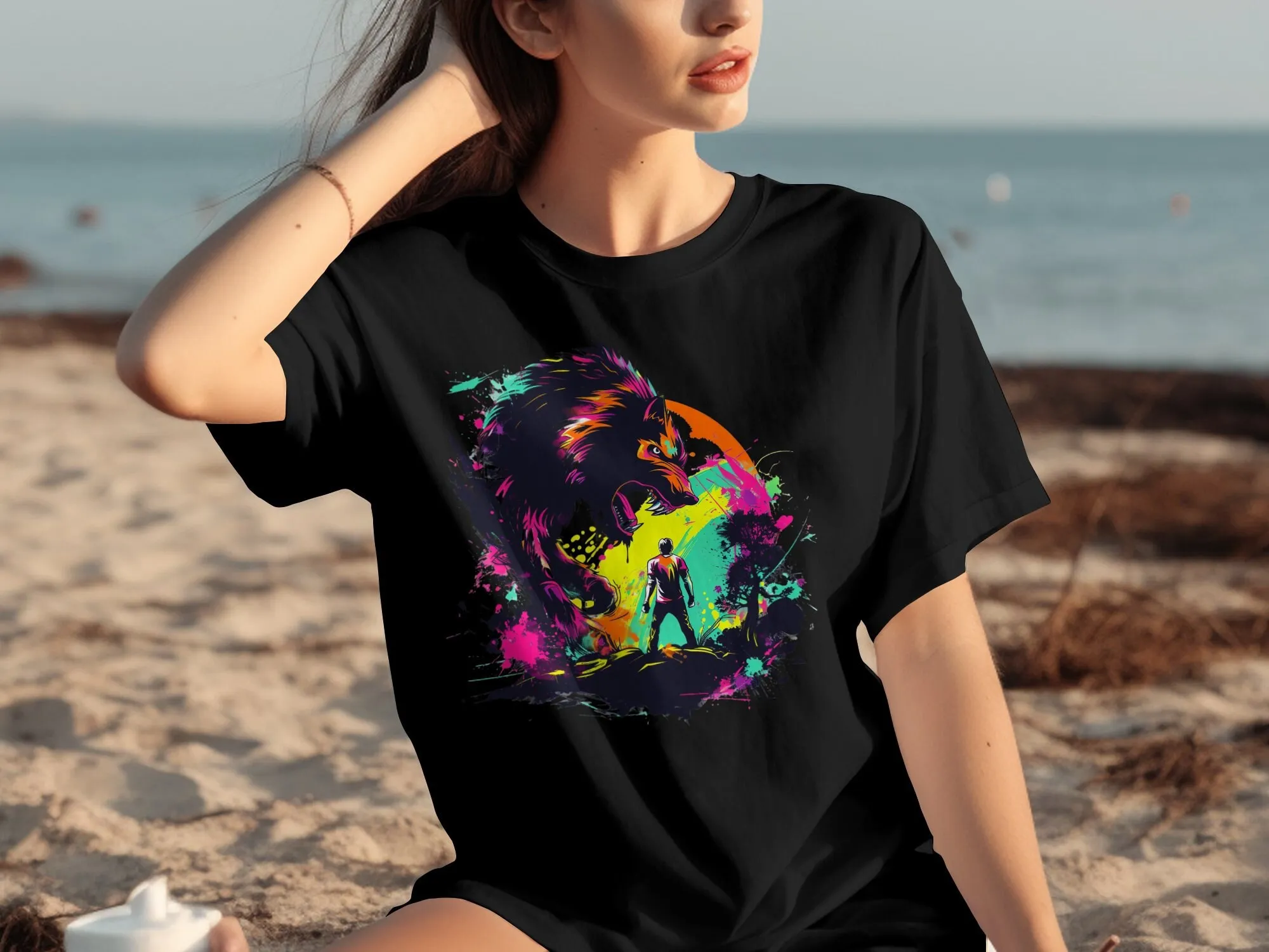 Fierce Wolf Art T Shirt Vibrant Adventure Neon Colors Bold Design Trendy Clothing Unique Stylish Wear Casual Fashion