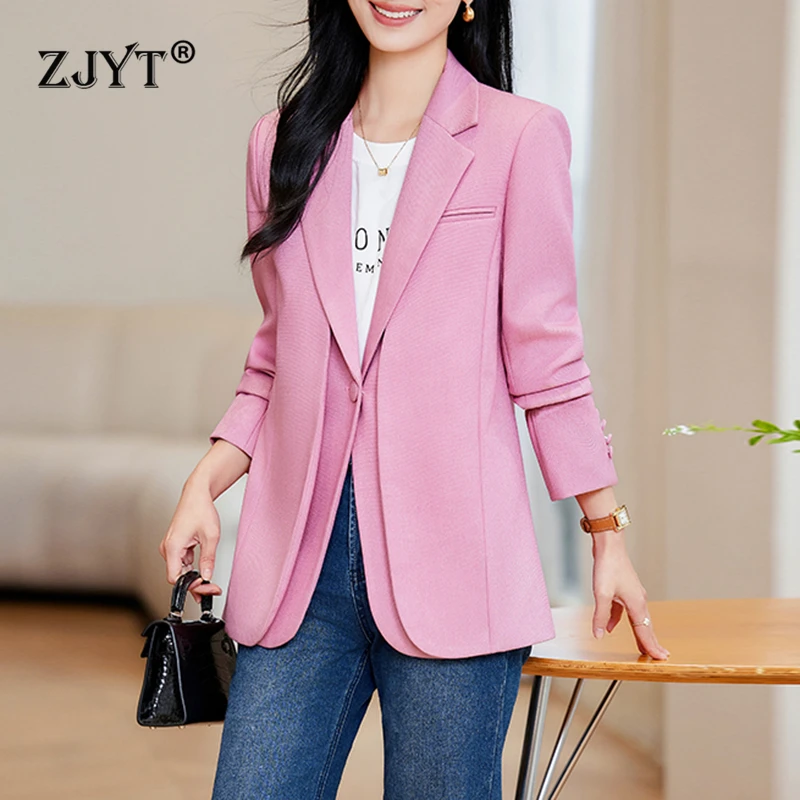 

ZJYT Autumn Korean Fashion One Button Blazers for Women Office Lady Jacket Coat Feminino Plus Size Outerwears Veste Femme Pink