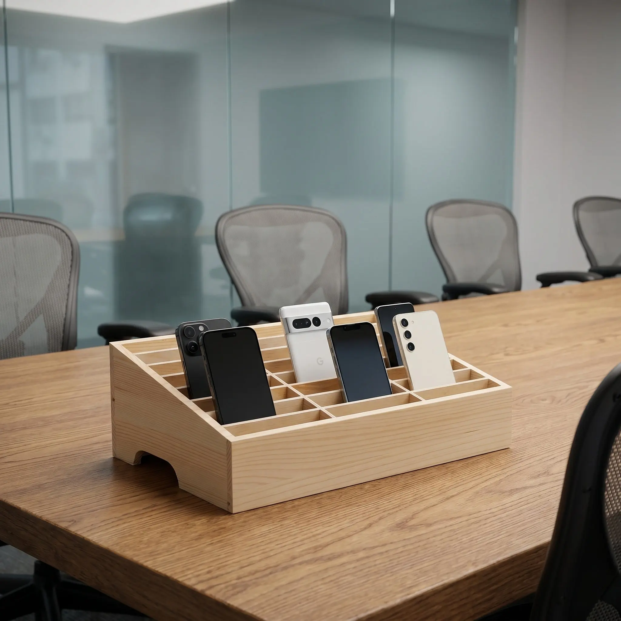 Premium Wooden Multi-Grid Phone Storage Box for Office Classroom Meeting Room Desktop Organizer Smooth Polished Surface Safe