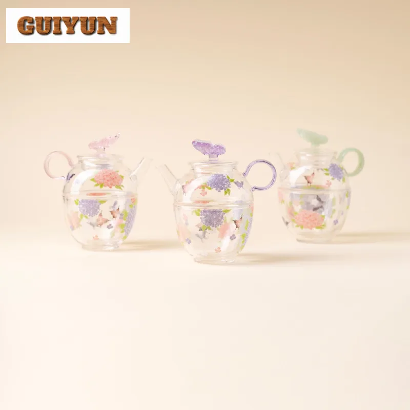 

Hydrangea Butterfly High Borosilicate Glass Tea Set Complete Set Handmade Tea Ceremony Set Teapot And Tea Cup Set Tea Items Gift