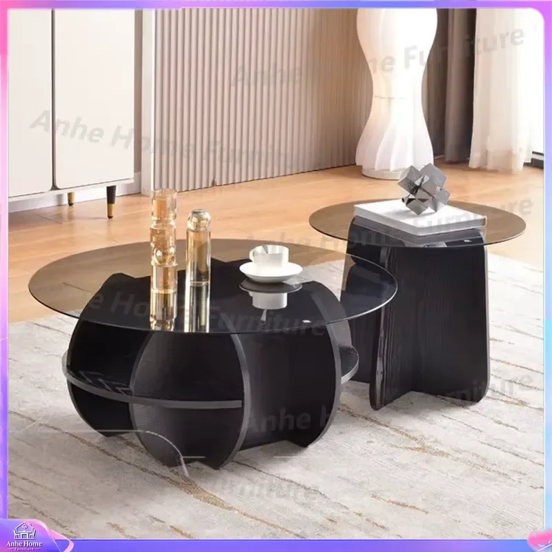 Modern Simple Wood Tempered Glass Retractable Coffee Table Sofa Side Table Living Room Small Round Tea Table Home Furniture