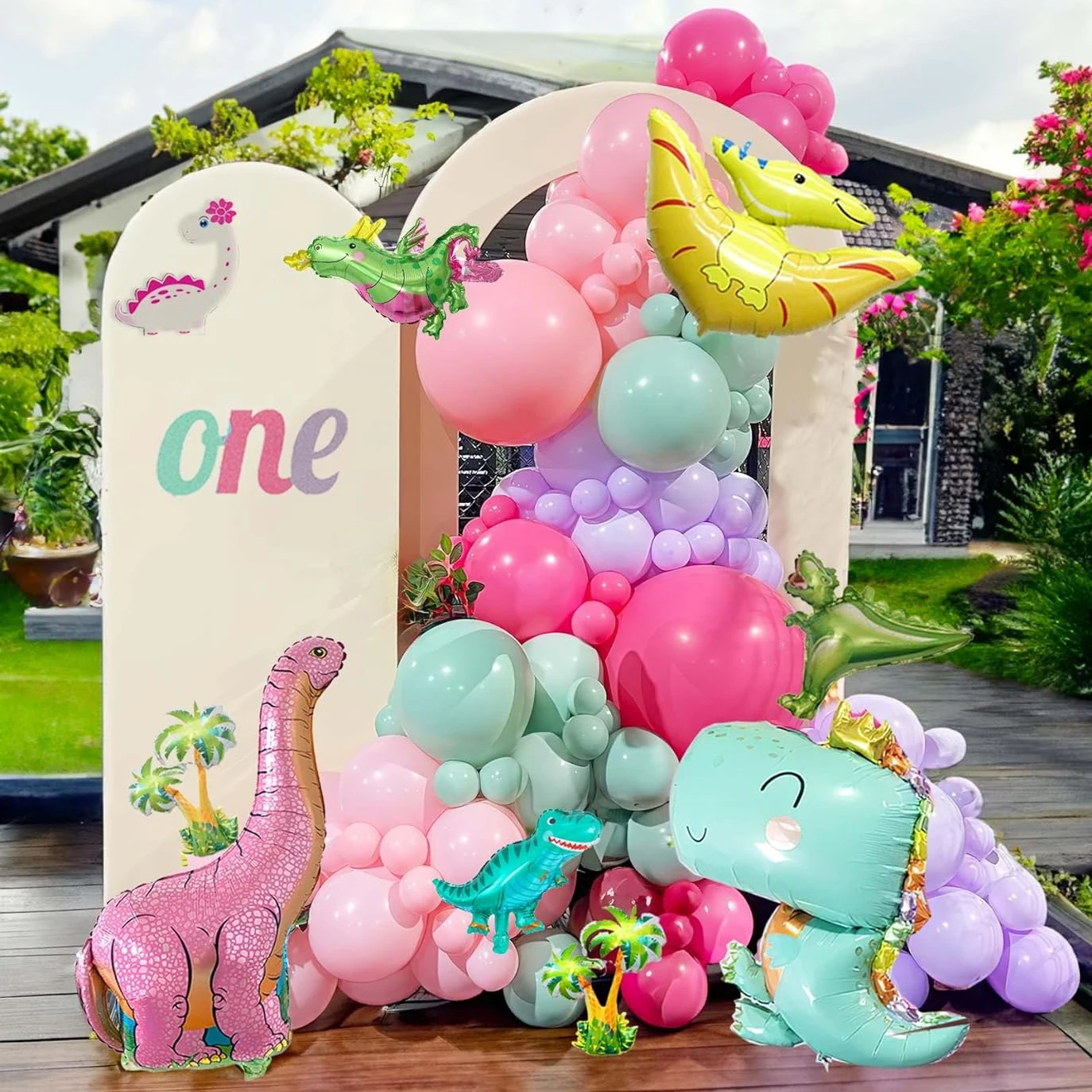 137pcs Girls\' Pink Dinosaur Birthday Party Balloon Arch Kit With Foil DinosaurBalloon For Dinosaur Theme Party Decorations