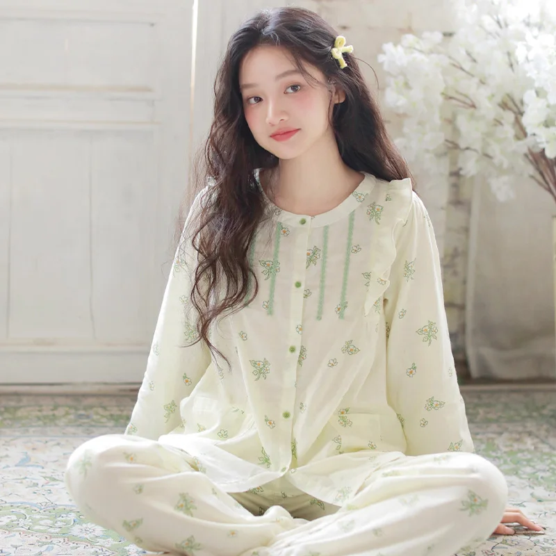 

Cotton Spring and Autumn Pajama Women's New Cotton Sweet Girl Long Sleeve Round Neck Casual Home Clothing Set