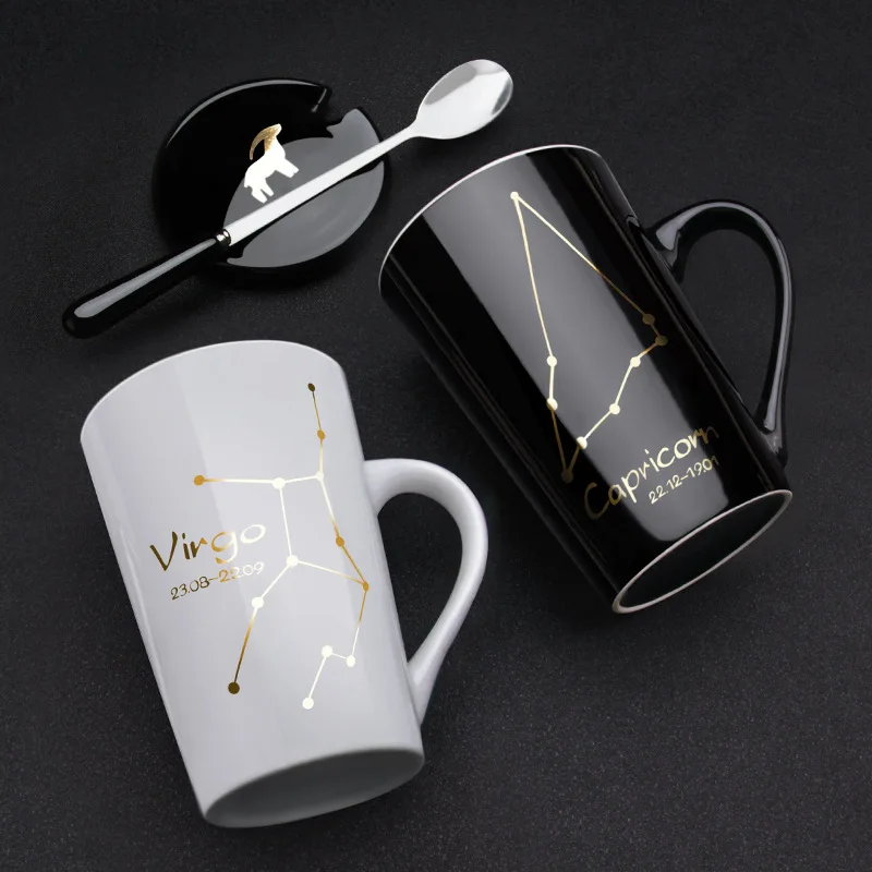 

Ceramic Coffee Mug with Constellation Design - Zodiac Sign Mug with Lid, Horoscope Coffee, Tea Cup - Comes in a Box & Spoon