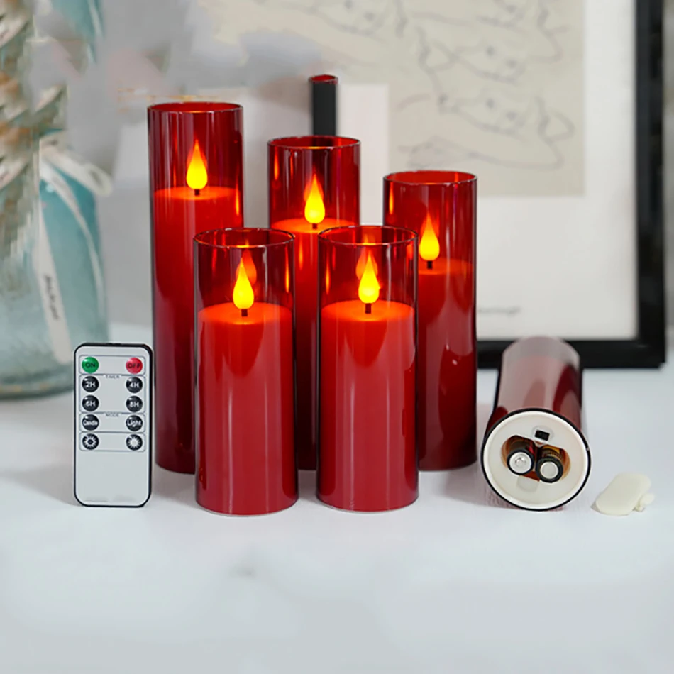 5pcs/set Flameless Red Led Pillar Candle,Remote Control,Timer LED Candle Light Table Decorative,Christmas Candles,Party Light