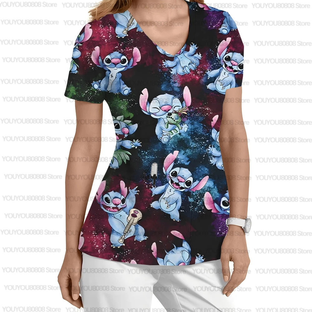 새로운 애완 동물 가게 간호사 작업복 캐주얼 여름 디즈니 스티치 만화 프린트 풀오버 v 넥 간호사 유니폼 티셔츠 스크럽 여성용