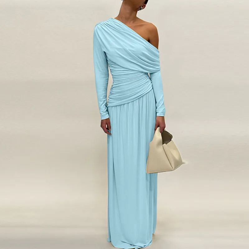 HKSH Frühling Sommer Neue frauen Kleid Asymmetrische Off-schulter Lange Ärmel Plissee Slim Fit Einfarbig Elegante Kleider HK17226