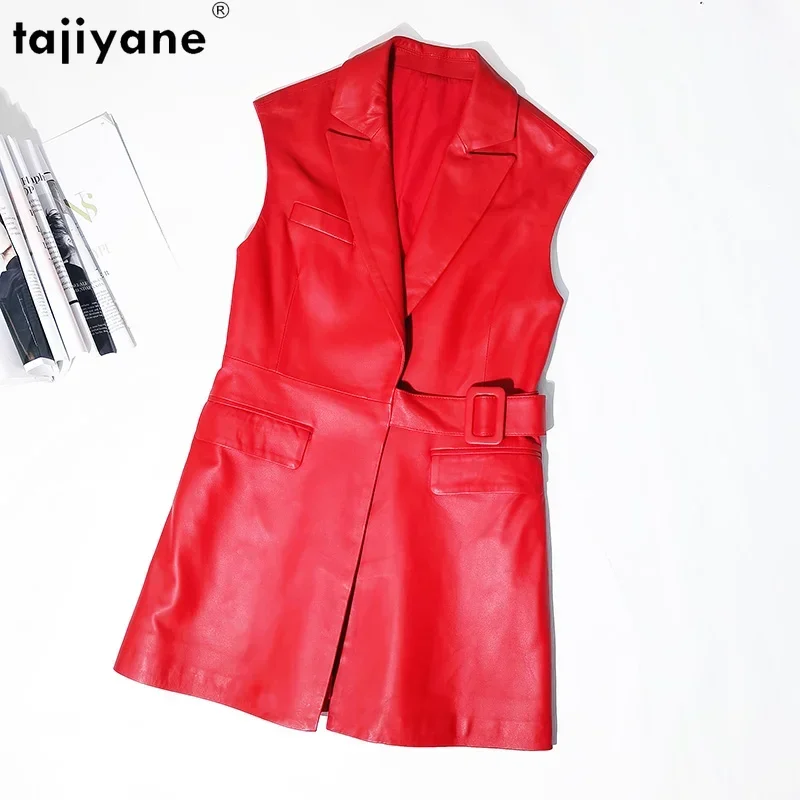 Tajiyane Gilet in vera pelle da donna Giacche in vera pelle di pecora Giacca senza maniche da donna Cintura cappotto in pelle sottile di media lunghezza