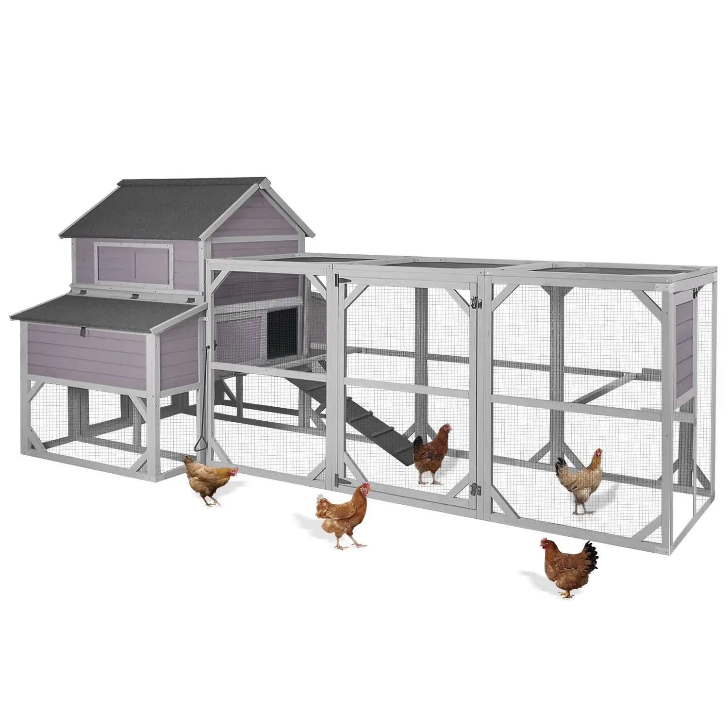 Large Chicken Coop with Run for 8-10 Chickens, Wooden Outdoor Hen House with 3-Section Nesting Box, Walk-in Poultry Cage, Pull-O