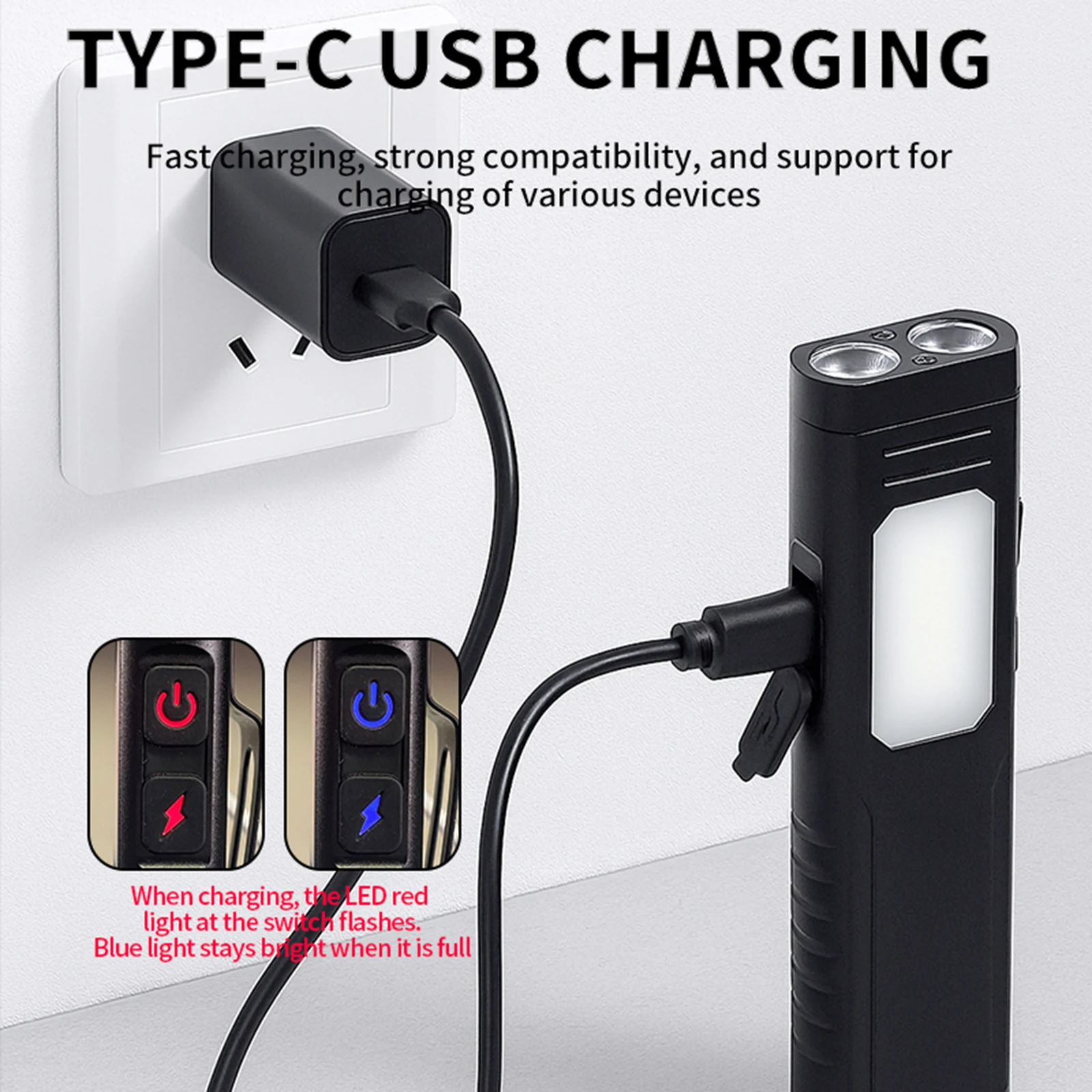 

Перезаряжаемый USB-фонарик Type-C с зуммером, магнитный рабочий фонарь, карманный фонарик для работы и наружного освещения