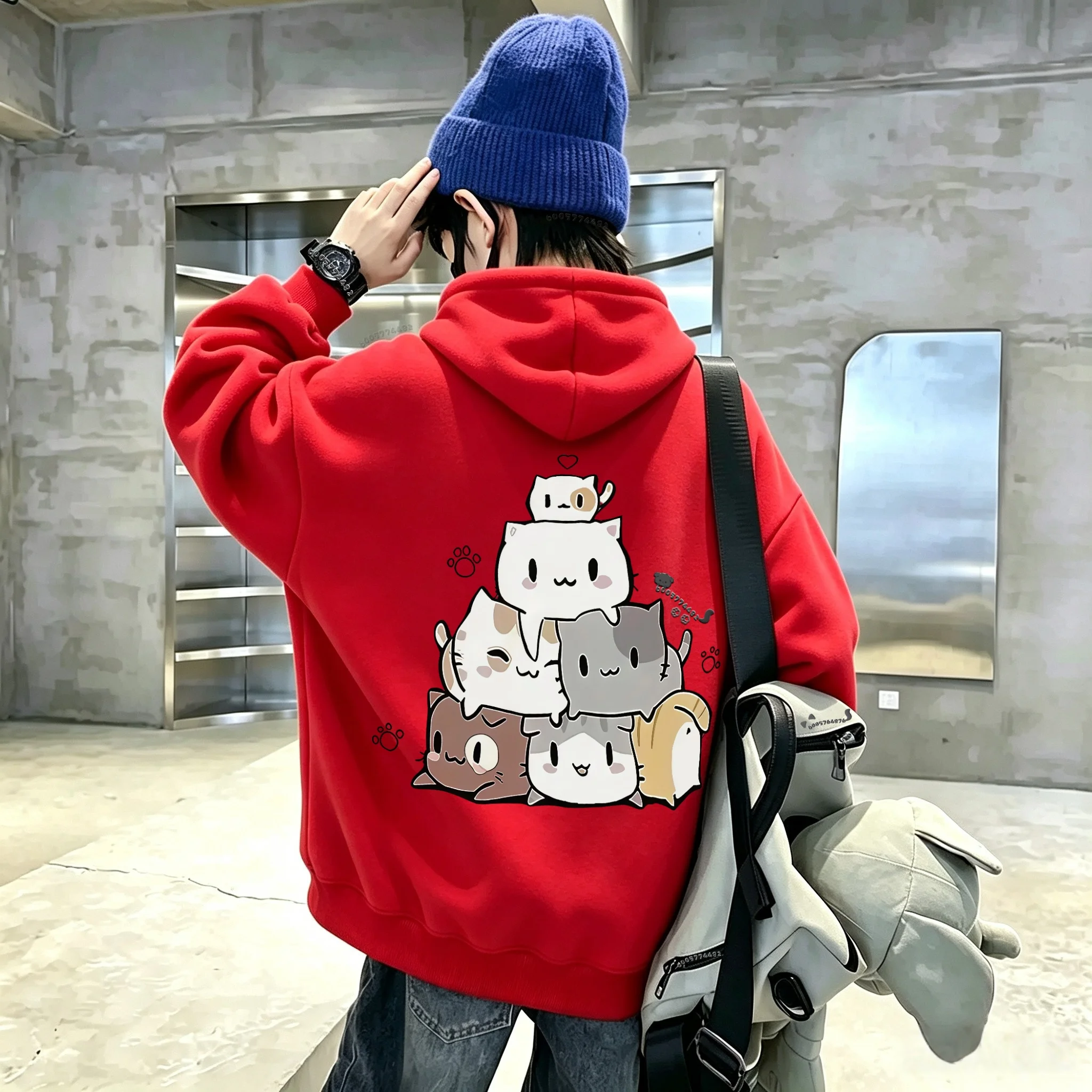 Cartoon cat fun pattern double-sided flower casual children's hooded sweatshirt Autumn and winter boys' and girls' clothing