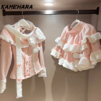 KAMEHARA Sweet Cute Bow Collar Dopamine Atmosphere Pure Desire Slimming Top Vintage Lolita Half Ruffles Skirt Y2k Two Piece Set