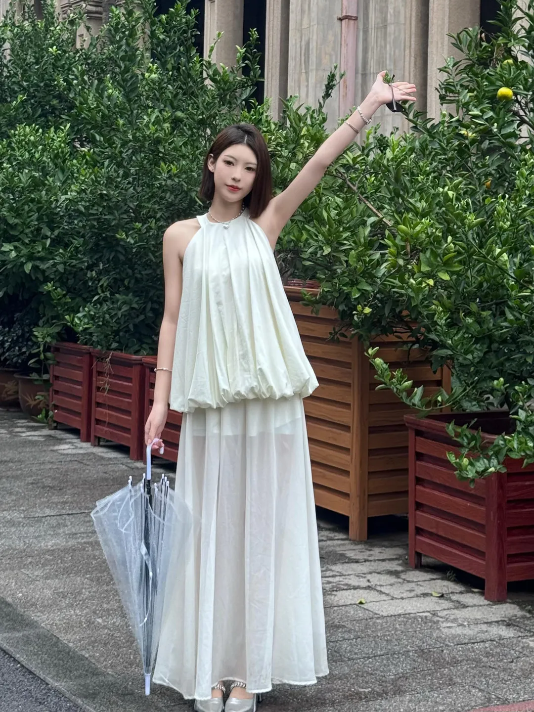 Summer High Waist Semi-Transparent Midi Skirt Two-Piece Set Hanging Neck Sleeveless Flower Bud Top Fashionable Women's Set