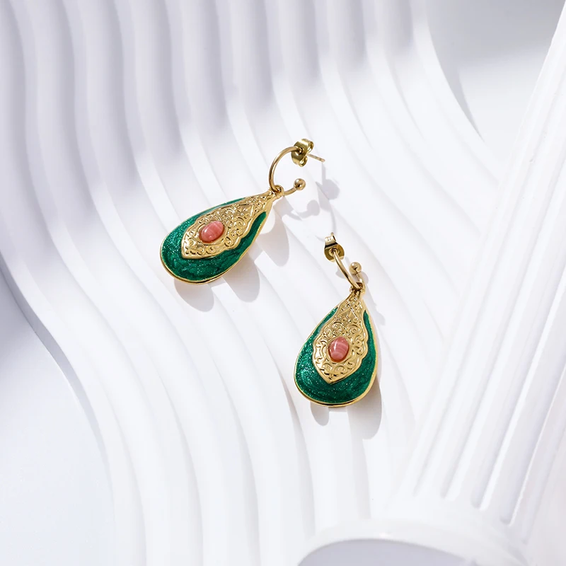 Stainless Steel Drip Oil Contrasting Flower Earrings Accessories Colored Enamel Leaves Long Pendant High-end Feeling Ear Studs