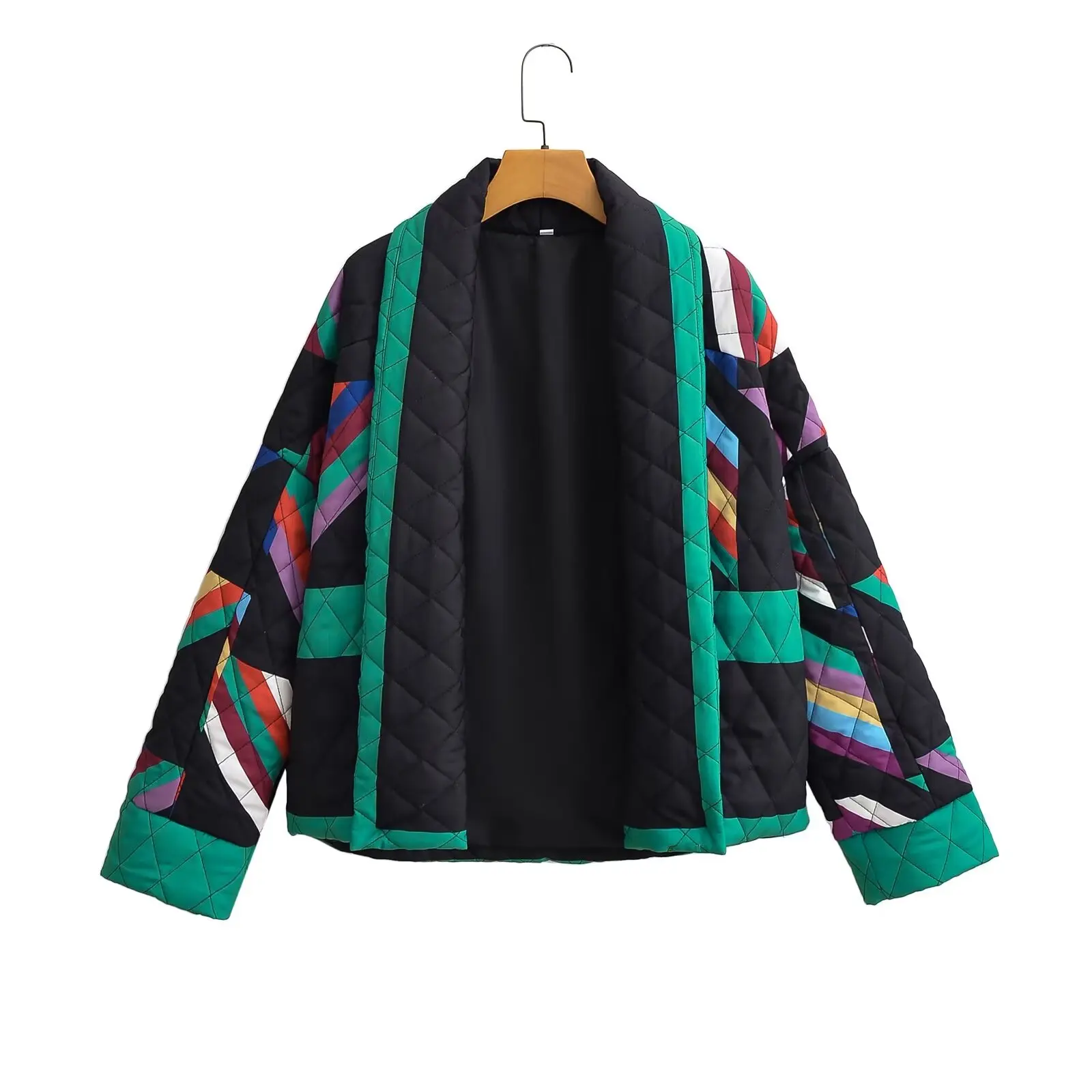 Plus Size Women's Clothing Spring Autumn Coat Colorful Geometric Pattern Printed Cardigan Cotton Jacket With Light Cotton Layer