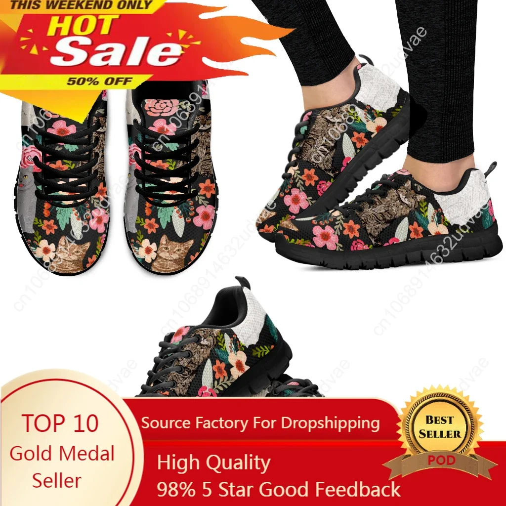 

Sneakers For Women Cat Print Comfortable Outdoor Casual Shoes Cartoon Cat Flowers Designer Breathable Women's Shoes