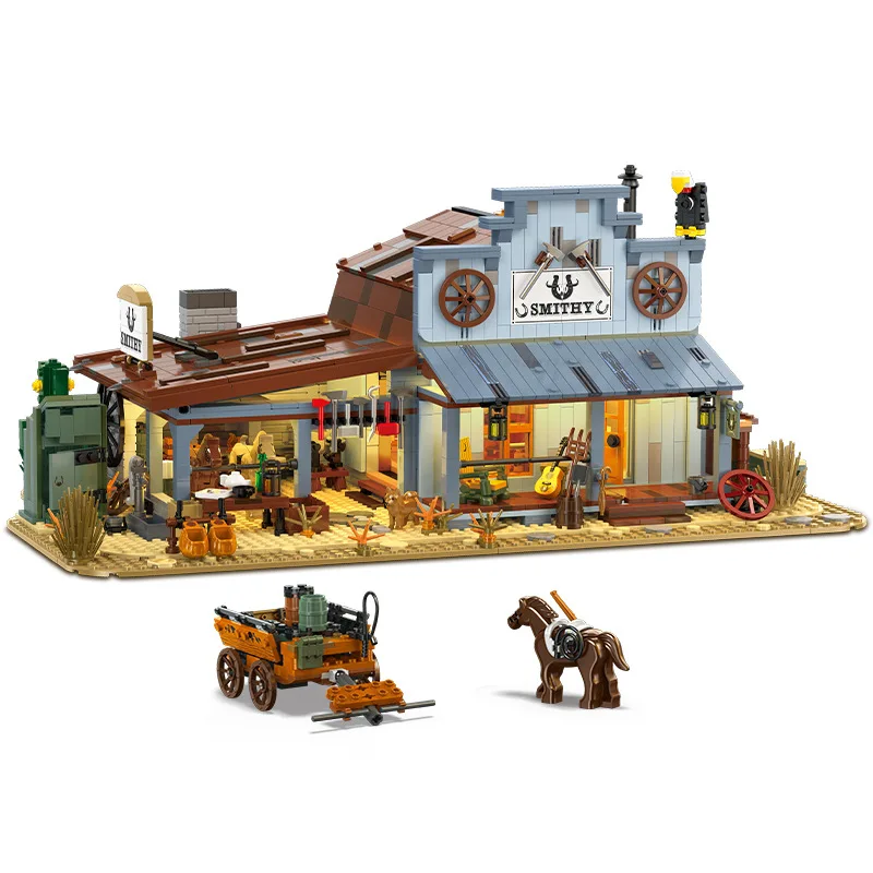 

Creative Architecture Western Blacksmith Shop Block Construction Building Brick House Street View Toys With Light For Gifts