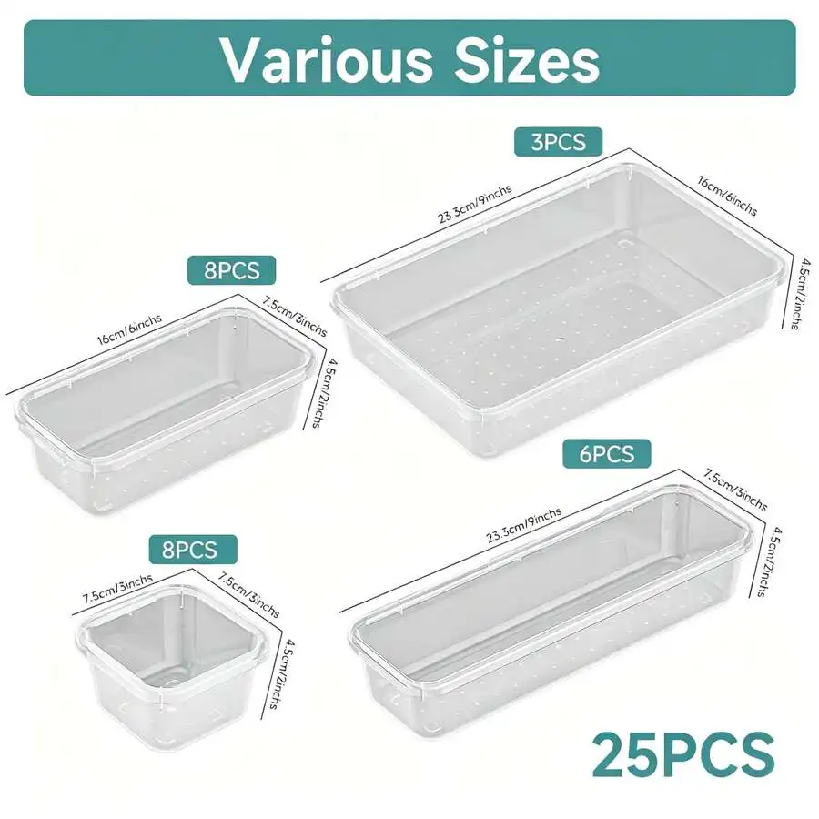 9/25pcs Clear Plastic Drawer Organizer Set, 4 Sizes Multifunctional Bathroom And Vanity Drawer Organizer Trays, Makeup, Kitchen