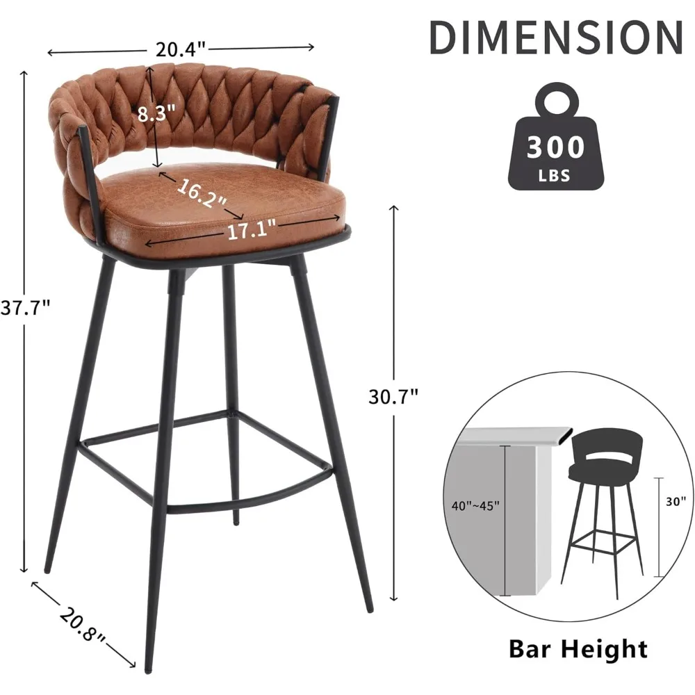 30-Zoll-Barhocker, 4er-Set, 180 °   Drehbare Stühle aus Wildlederstoff mit gewebter Rückenlehne und Fußstütze für Kücheninsel, Kneipe, Barhocker