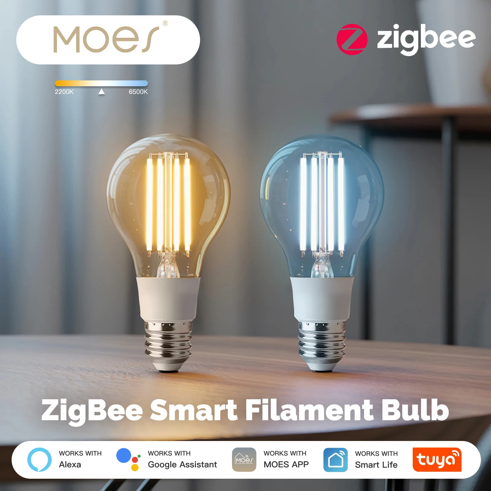 MOES ZigBee Smart LED Filament Bulb Tuya E27 7W Light Lamp Dimmable Lighting Work With Alexa Google Home Voice Remote Control