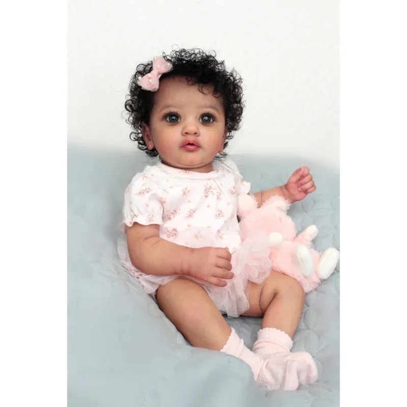 

55cm Ayana Reborn Baby Doll Lovely Girl in Picture Handmade Black Curly Hair Black Skin with Visible Veins Art Doll for Girls