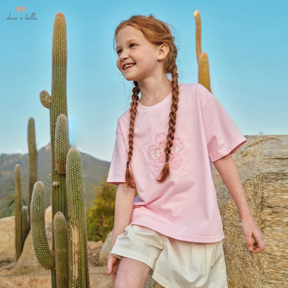 

Летние футболки Dave Bella для девочек, детские футболки с вышивкой, детские хлопковые топы с короткими рукавами, повседневная уличная одежда DK2262511