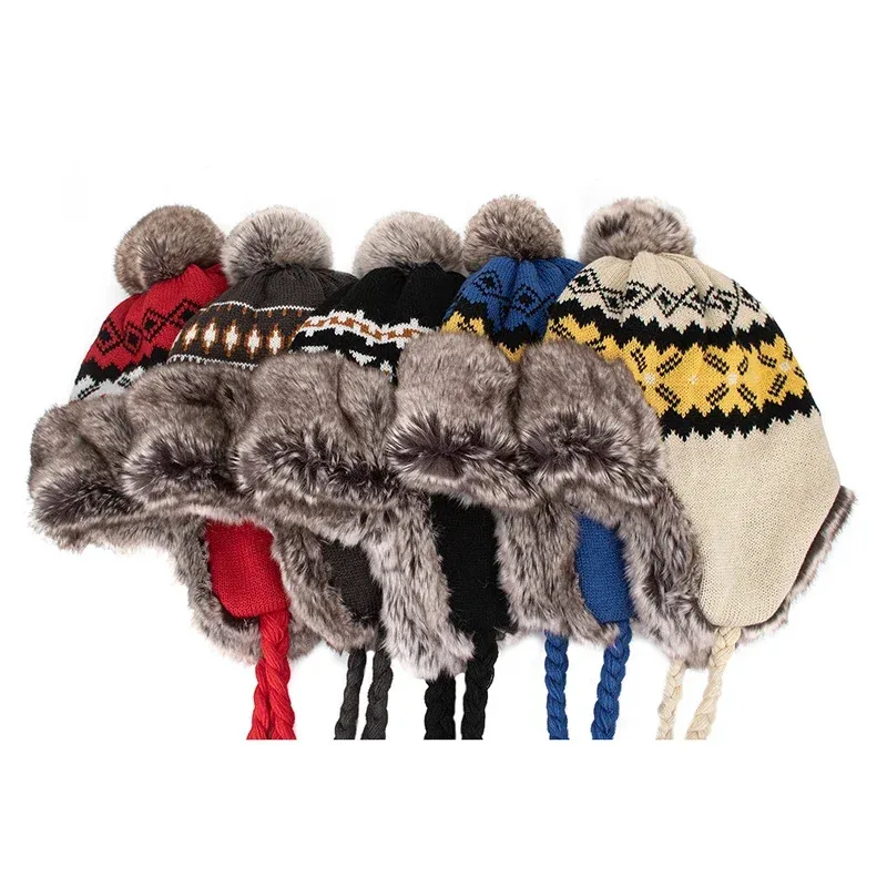 

New Winter Hat Bomber Cap Hat Women Men Warm Snow Hat With Fur Pompom Windproof Knitting Earflap Trapper Girl Outdoor Cap Gift