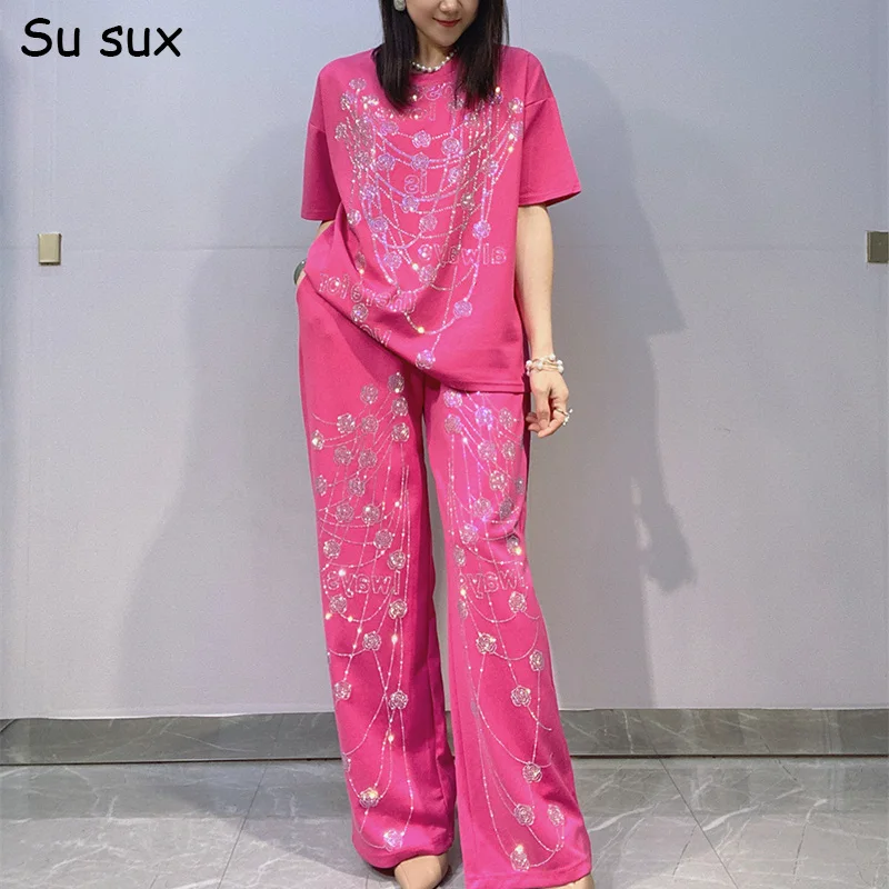 Sequins Floral Pattern Short Sleeve T Shirt & Wide Leg Pant Sets 2 Piece Woman Outfits 2026 Summer Matching Sets Good Quality