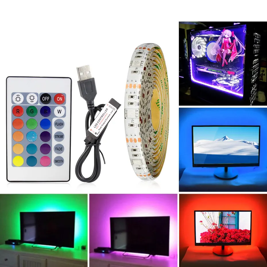 DC 5V USB LED Strip Light SMD 3528 Adhesive RGB Strip Lamp Remote Control Flexible Tape Diode For TV Backlight Decoration