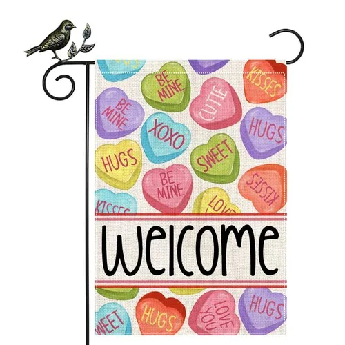 GEEORY Valentines Day Hearts Welcome Garden Flag 12 x 18 Inch - Hugs XOXO Be ... OOV IIC