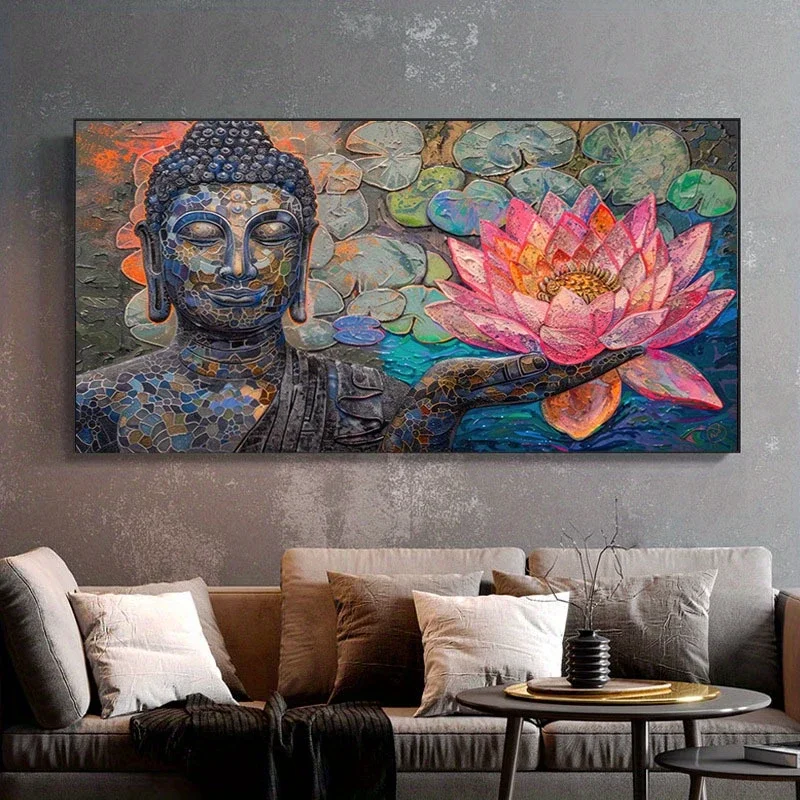 Affiche de grand bouddha et de Lotus, décoration d'intérieur moderne, scène tranquille, adaptée au salon ou à la chambre à coucher, sans cadre