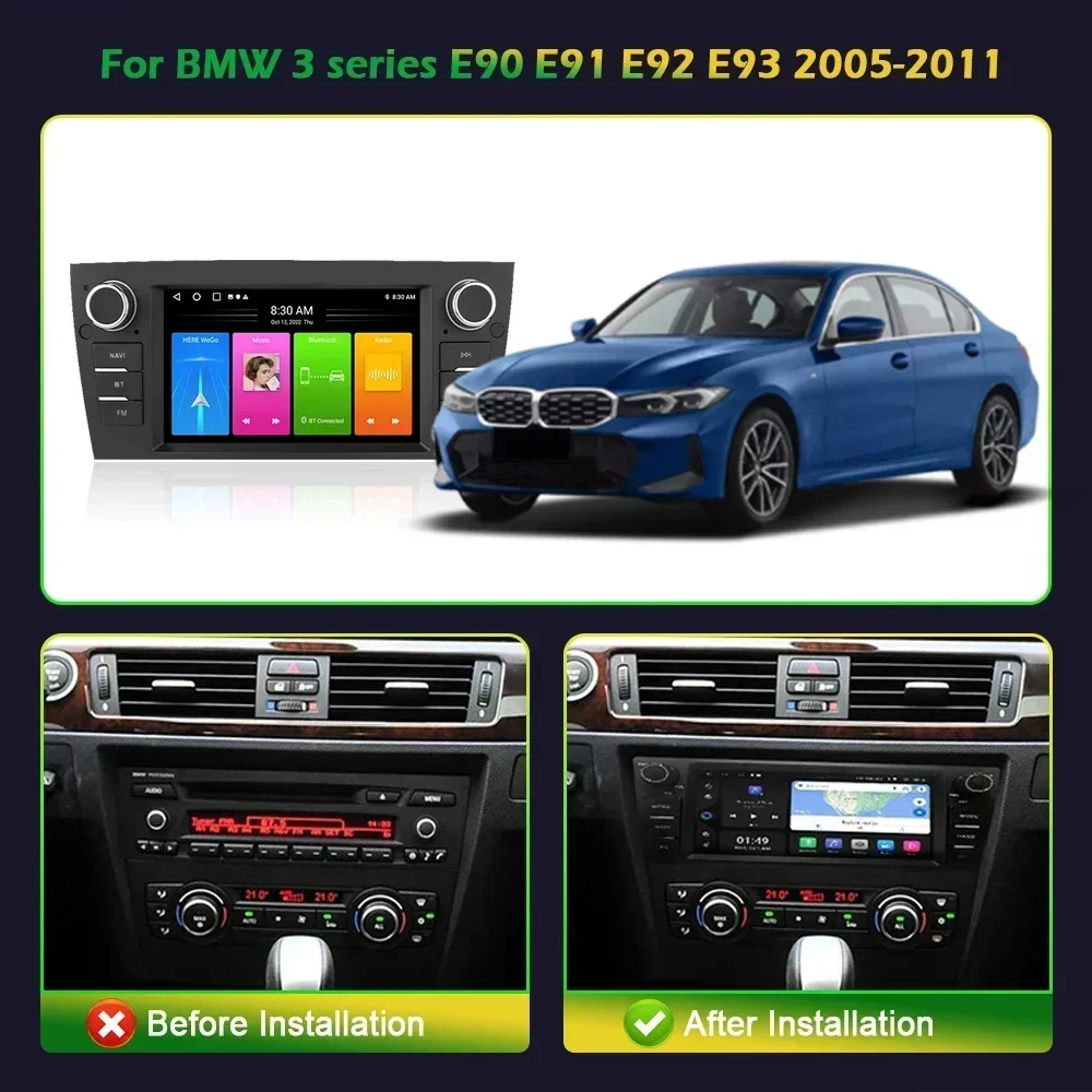 For BMW 3 Series E90 E91 E92 E93 2006-2012 Wireless Android 13 Carplay 4G Multimedia GPS Car Radio 2 Din Screen