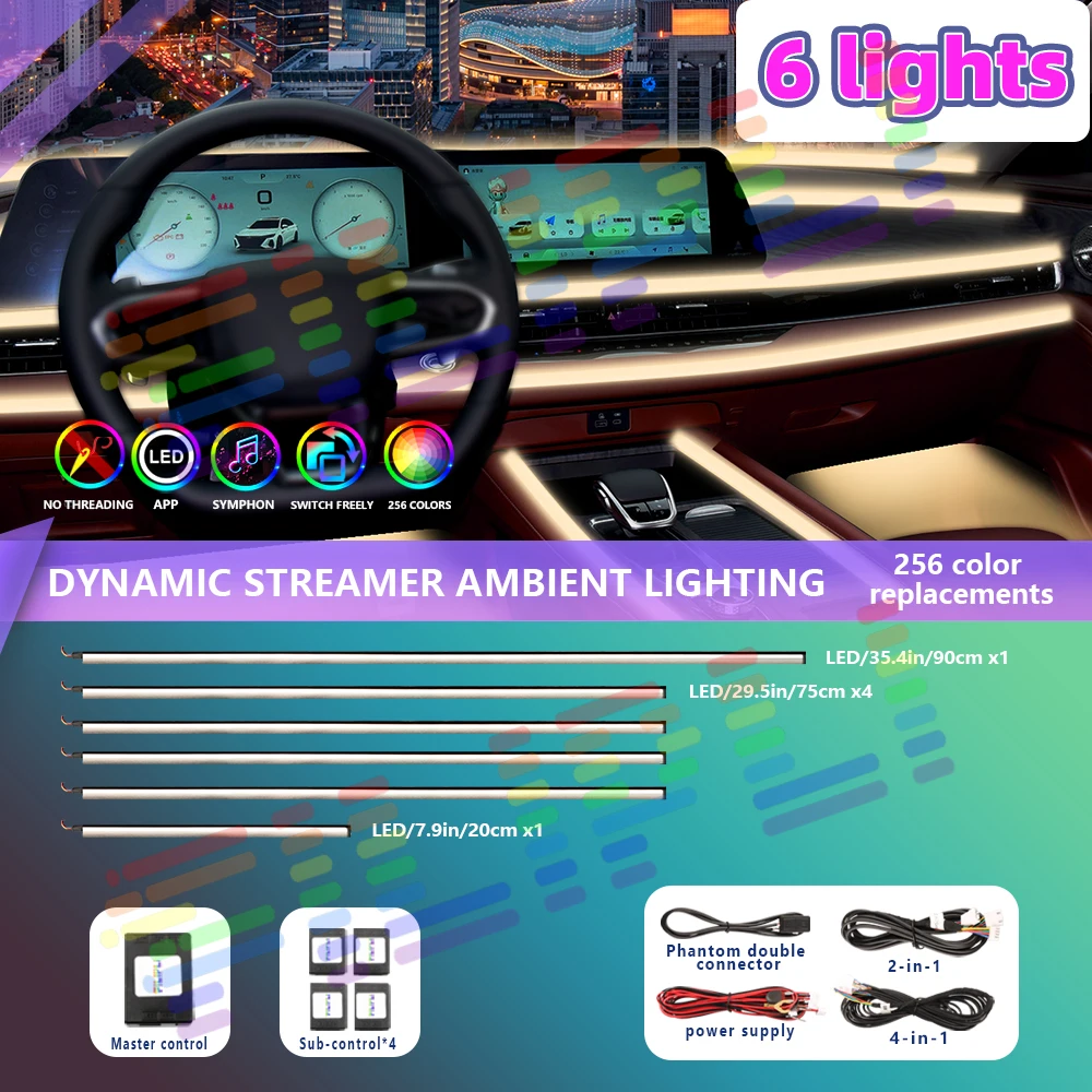 18 In1 Symphony Car LED Environment Light 256 RGB Rainbow Neon Bar Acrylic Interior Instrument Panel Atmosphere Light Music