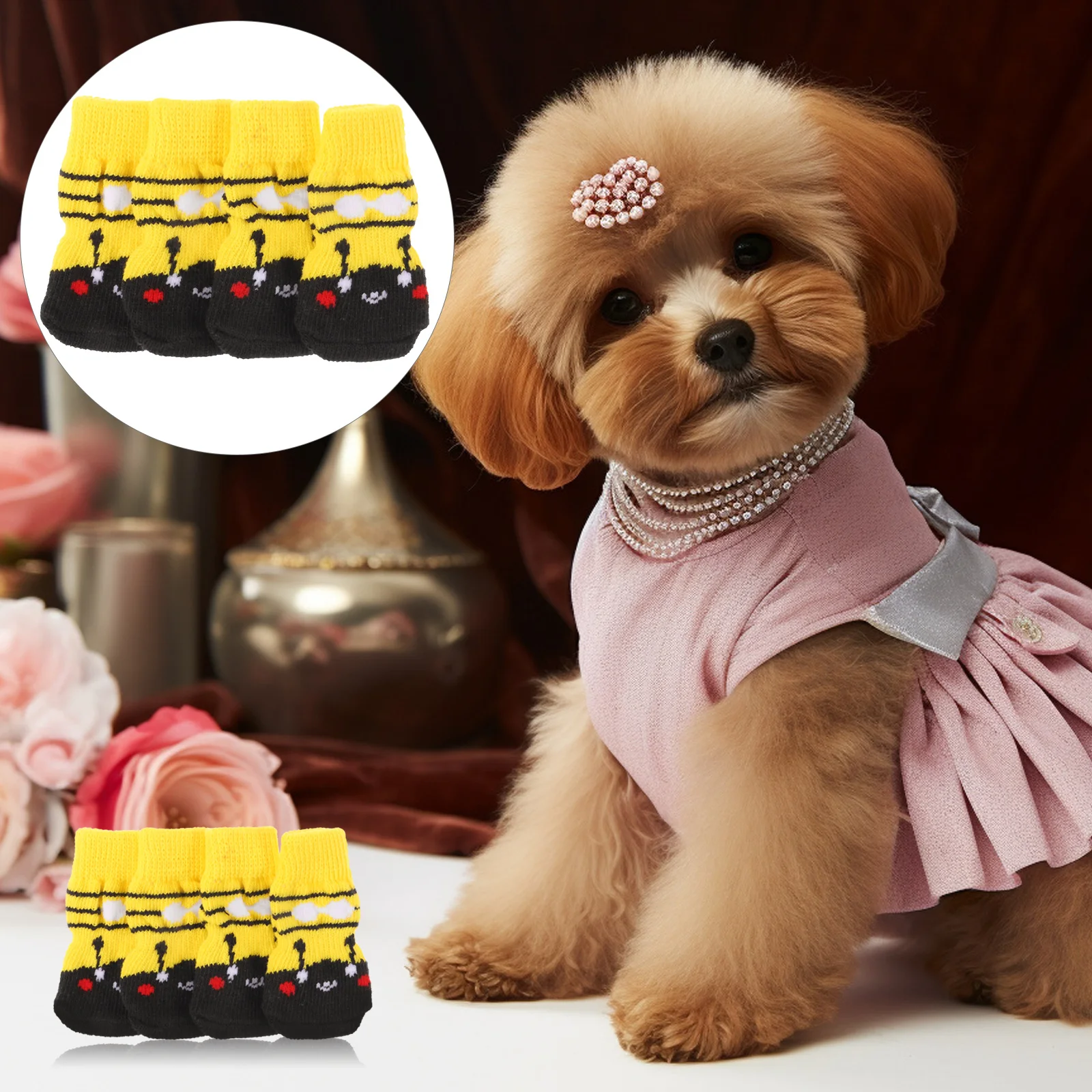 

4Pcs Anti-Slip Dog Paw Socks Winter Warm Protection for Small Dogs Breathable Cotton Material Prevent Licking Biting Portable