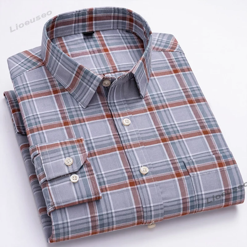 Cotton Oxford Shirts Men\'s Long Sleeve Fashion Casual Single Patch Pocket Dress Shirt Men Standard-Fit Button-Down Collar Shirts