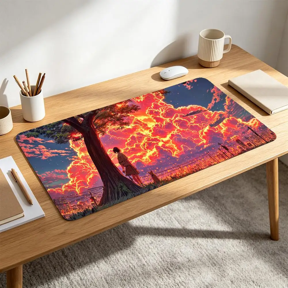 Large Fantasy Anime Sunset Cloud Gaming Mouse Pad Girl Cat Tree City View Non‑Slip Rubber pc accessories tapis de souris
