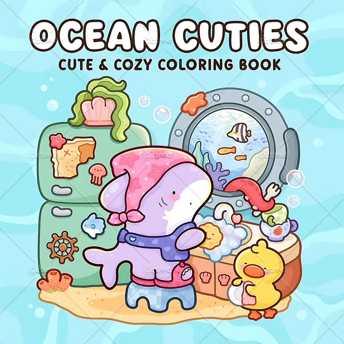 Ocean Cuties Adult Coloring Book, Large Print Cute Marine Animal Scenes, Stress Relief Relaxing Art Therapy Drawing Book
