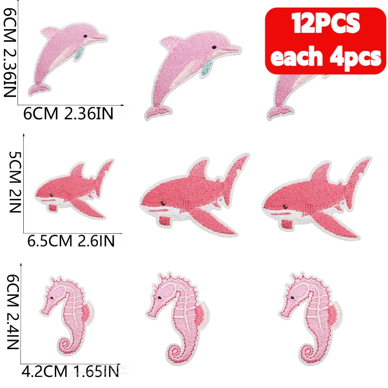 10/12PCS Wholesale Pink Girl Surf Pie Team Embroidery Cloth Turtle Patch Sticker Bow Shell Decoration Embroideried Big Shark
